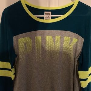 Teal, lime green, & grey Vs pink shirt